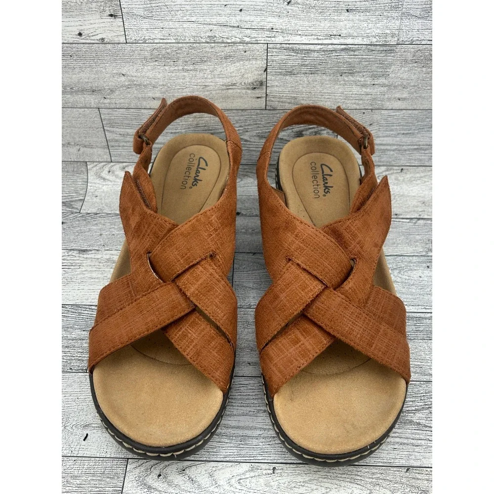 Clarks Collection Women Tan Brown Woven Wedge Sandals Ultimate Comfort Sz 9M